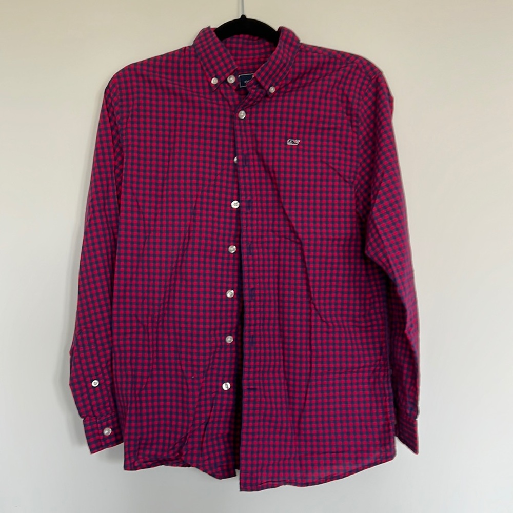 Boys vineyard vines large gingham whale shirt. Long sleeve. Discus and navy